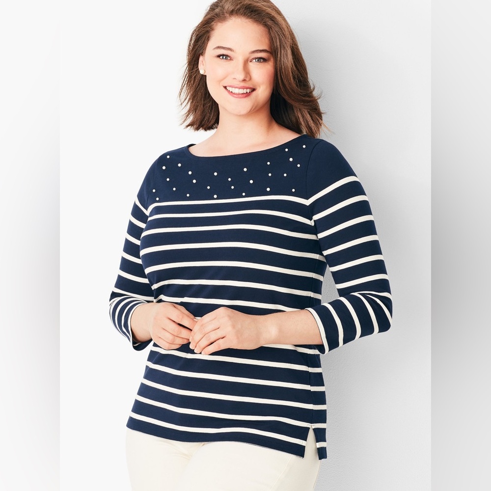 NWOT Talbots Stripe W/ Pearl Embellishment 3/4 Sleeve Navy & White Cotton Size M